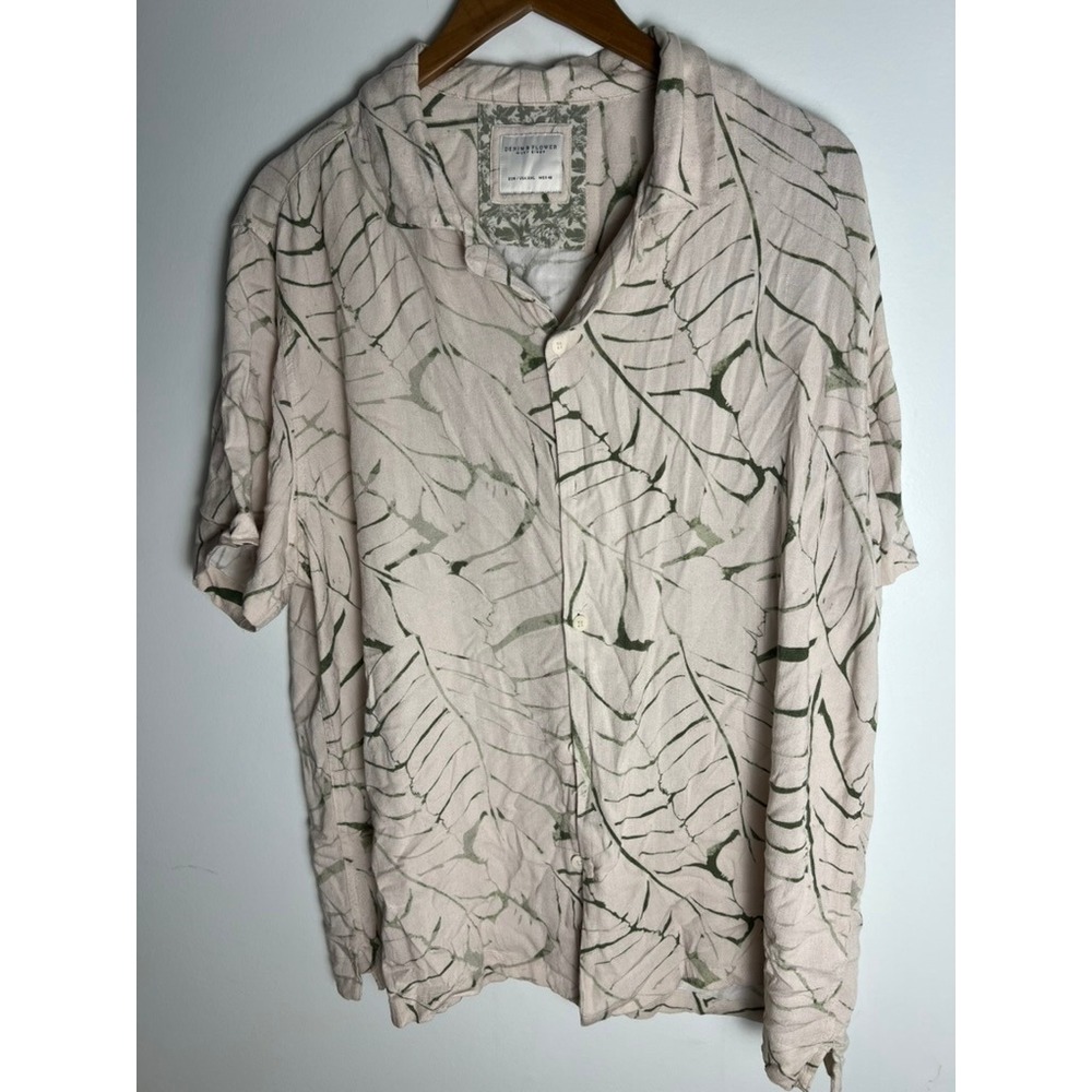 Denim & Flower Ricky Singh Mens XXL Beige Green Leaf Print Viscose Shirt Resort